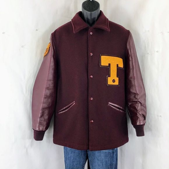 Vintage Other - Vtg Varsity Jacket DeLong Maroon 1950s Wool Leather Sleeve Tiger Logo Sz M